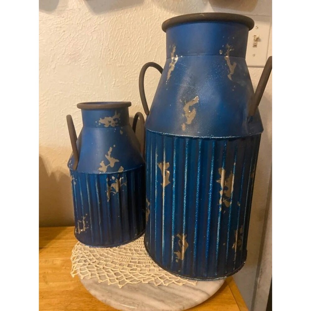 HD Designs Rustic Distressed Blue Metal Milk Can Planters